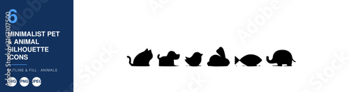 Minimalist Pet Animal Silhouette Icons, Set of Six. Outline and Fill Design Featuring Icon, Vector