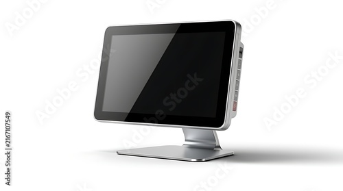 A modern silver computer monitor with a blank black screen stands on a white background.