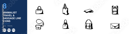 Minimalist Travel Baggage Line Icons Set, Featuring Suitcase, Backpack, Purse, and Envelope Designs