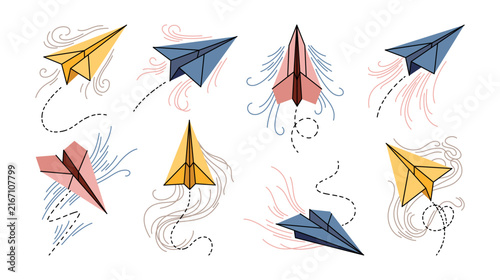 Hand drawn paper airplanes flying through the air with wind trails and dotted flight paths. Vector illustration symbolizing travel, freedom, movement, communication, imagination, childhood, adventure.