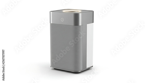 A modern minimalist air purifier stands against a clean white background.