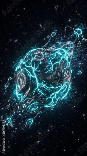 Cosmic sphere with electric blue energy bursts and splashing liquid in deep space