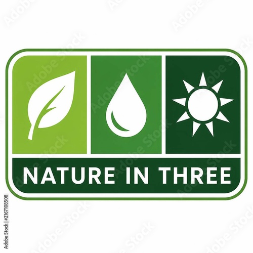 Green nature badge with leaf water drop and sun icons for eco friendly branding design.