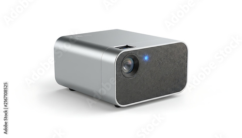 A modern silver portable projector with a fabric front panel on a white background.