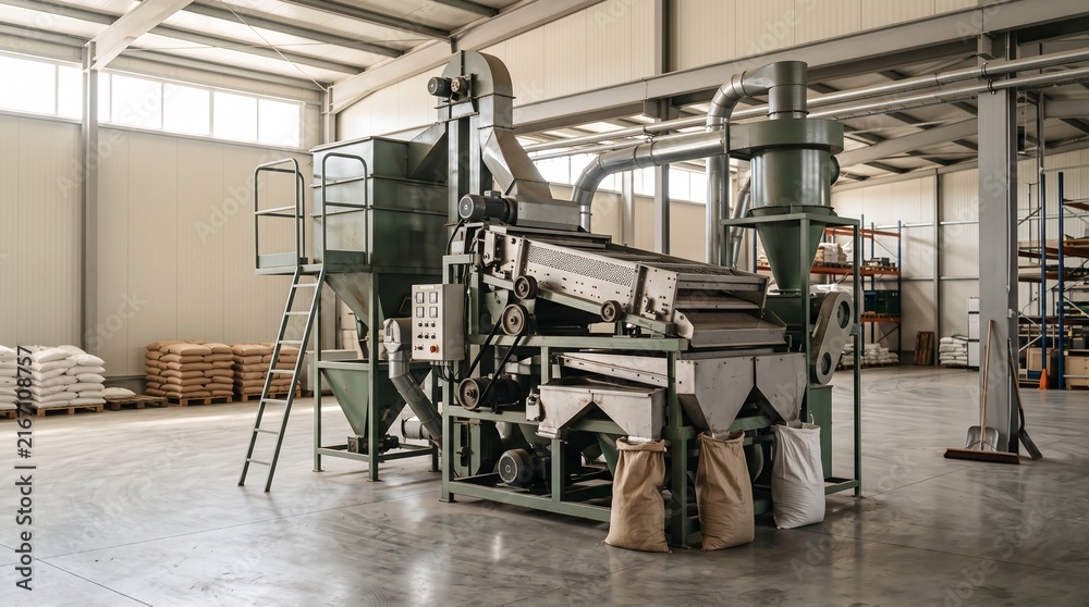 Fototapeta premium Industrial seed cleaning machine in a modern agricultural processing warehouse facility