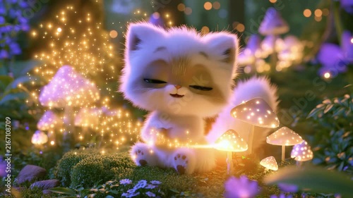 Cute fantasy kitten surrounded by glowing magical mushrooms and sparkling lights in an enchanted forest, adorable whimsical animal character in a dreamy fairy tale scene