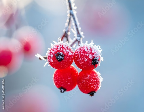 Frosted red berries on branch in winter morning light
