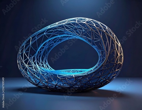 Glowing blue geometric wireframe structure in empty space.