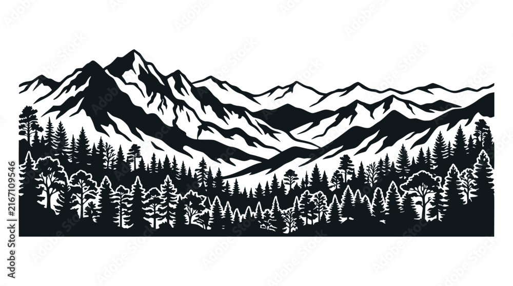 Fototapeta premium Black and White Mountain Range with Pine Forest Silhouette Vector Illustration