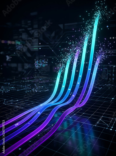 Digital growth lines ascending with glowing particles on a circuitry grid representing financial success