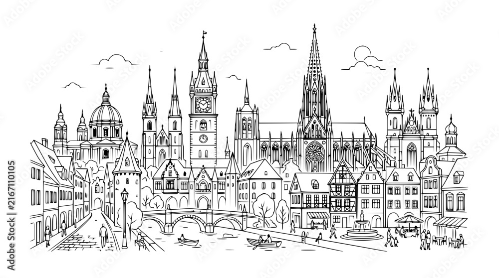 Obraz premium European Cityscape Sketch with Castle Church and River