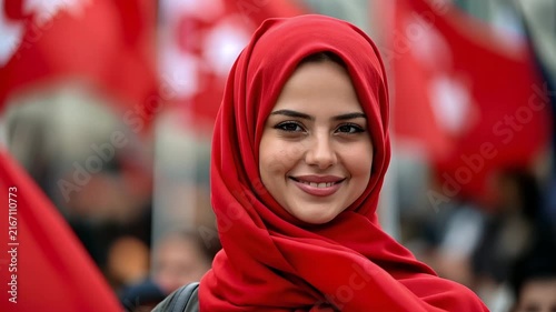 Young woman wearing a red hijab looking at the camera with the Turkish flag waving in the background, portrait representing Turkey, national identity and cultural pride