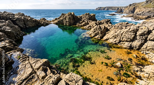 Beautiful natural rock pool filled with clear turquoise water on the rocky Cornish coastline in England