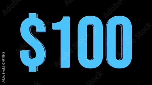 3D Blue Glass 100 Dollar Price Text Animation with Glitter Reflection Rotating on Black Background, Money and Financial Value Concept
