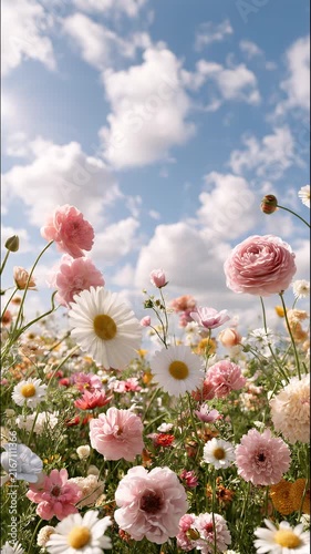Beautiful colorful wildflower field blooming in warm sunlight with vibrant summer flowers gently moving in the breeze, peaceful natural meadow landscape