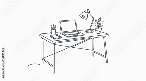 Home office workspace line drawing with laptop.