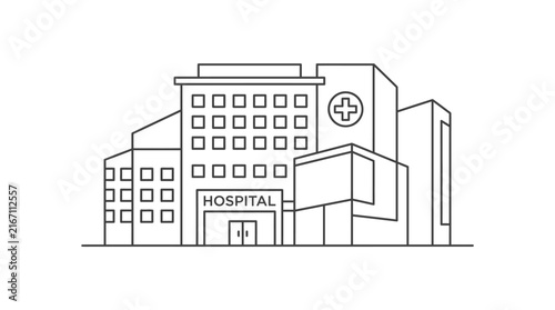 Hospital medical center building line art.