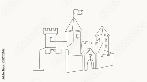 Minimalist medieval castle fortress line art illustration.