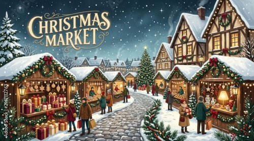Festive Christmas market in a snowy European village square at night