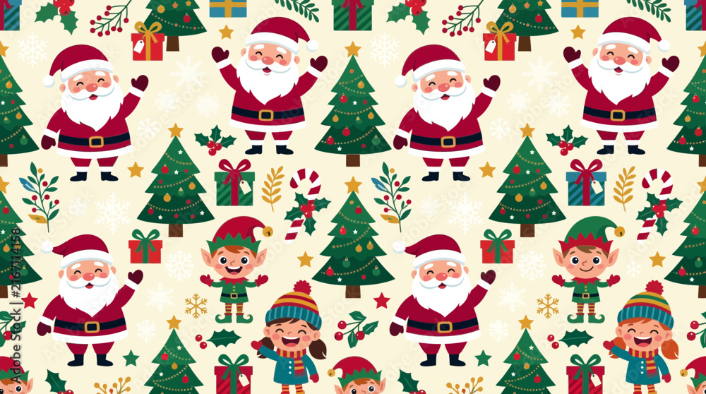 Fototapeta premium Playful Christmas seamless pattern featuring Santa Claus, elves, decorated trees, gift boxes and happy children on cream background, holiday vector design