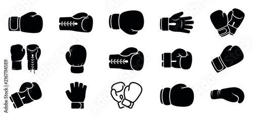 Set of black boxing glove icons and silhouettes in various styles for combat sports, including MMA and kickboxing, presented as a collection of minimalist vector glyphs for design