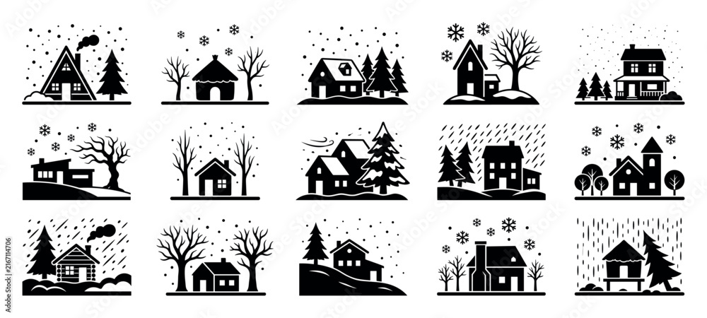 Fototapeta premium Collection of black winter house icons depicting cozy cabins and cottages in snowy landscapes with trees, snowflakes, and various weather conditions in a simple graphic style