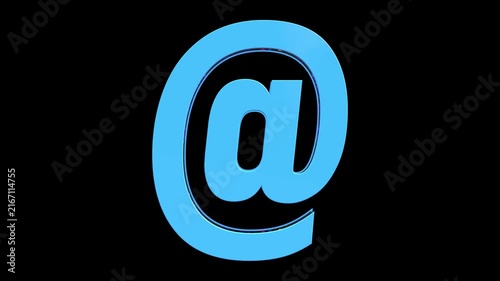 3D Blue Glass At Sign Symbol Animation with Glitter Reflection Rotating on Black Background, Email and Digital Communication Graphic