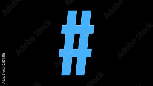 3D Blue Glass Hash Symbol Animation with Glitter Reflection Rotating on Black Background, Hashtag and Digital Typography Graphic