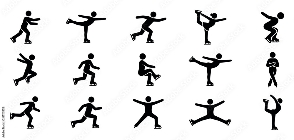 Fototapeta premium Set of black stick figure icons showing people ice skating in various dynamic poses and figure skating moves, presented as a simple graphic pictogram collection for sports concepts