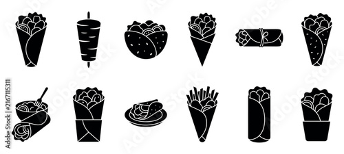 Collection of black shawarma and doner kebab icons showing various street food meals like wraps, gyros, and vertical rotisserie meat in a simple glyph vector style illustration set