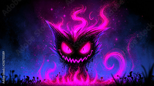 Neon nightmare scene with glowing surreal forms, psychedelic colors and dark fantasy energy