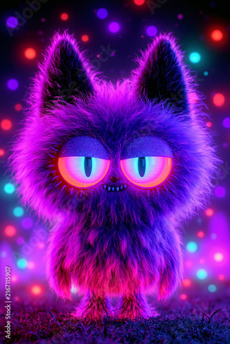 Fluffy neon nightmare scene with surreal creatures, glowing textures and psychedelic fantasy