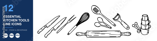 Kitchen Tools Line Icons Set, Essential Culinary Utensils Illustration, Food Preparation Design