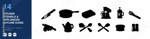 Kitchen Utensils and Appliances Outline Icons Set, Food & Beverage Design, Vector Illustration, Culinary Concept