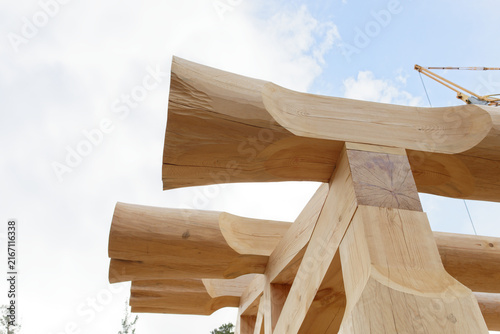 Close-up of Wooden House Under Construction, Visible Roof Structure, Traditional Craftsmanship