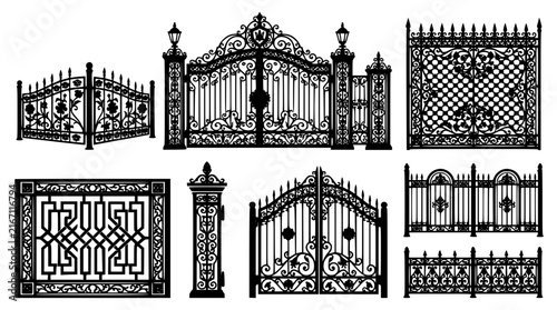Foto Wrought Iron Gates and Decorative Fence Element Set with Luxury Ornate Metal Gri