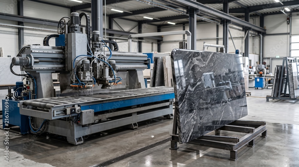 Fototapeta premium Industrial stone edge polishing machine processing granite slab in a manufacturing workshop