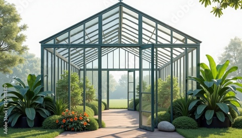 garden greenhouse with glass panes and dark metal frame in landscaped backyard, garden greenhouse filled with potted plants, palms and flowering shrubs around stone pathway,