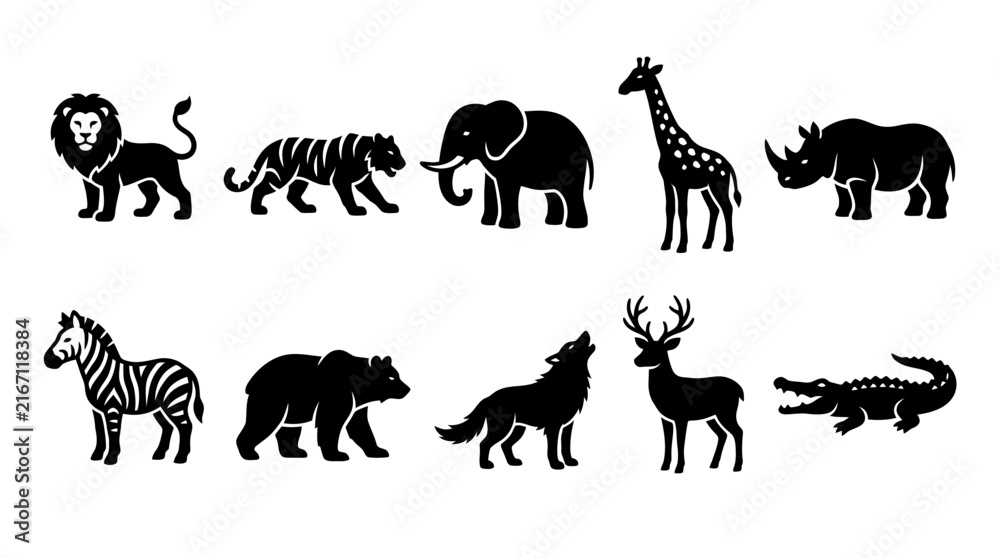 Fototapeta premium Wild Animals Black Silhouette Vector Collection