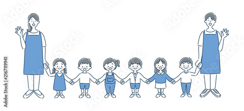 笑顔で手を繋ぐ女の子と男の子の園児と保育士のイラスト素材PNGデータ