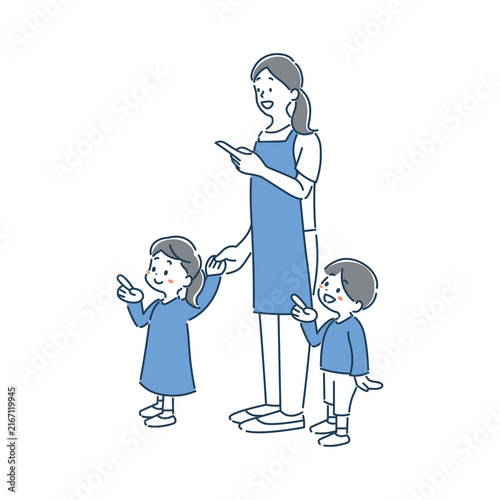 笑顔で手を繋ぐ女の子と男の子の園児と保育士のイラスト素材PNGデータ