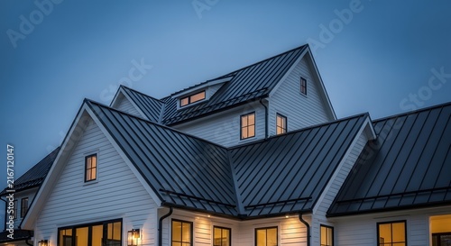 Modern farmhouse exterior with a dark metal roof at twilight with warm interior lighting.
