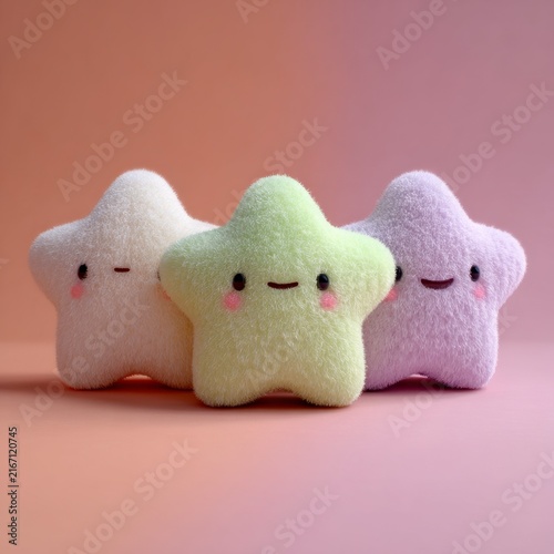 Minimal pastel chubby star trio, round soft points, pale yellow and cream tones, childlike shapes, pure white background