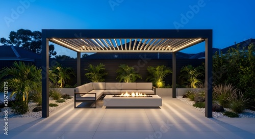 Modern backyard patio featuring a louvered pergola with comfortable sectional sofa and fire pit at dusk.