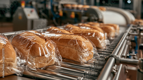 Fresh loaves of bread packaged in plastic wrap moving along an industrial conveyor belt. High-speed automated food production line for a commercial bakery.