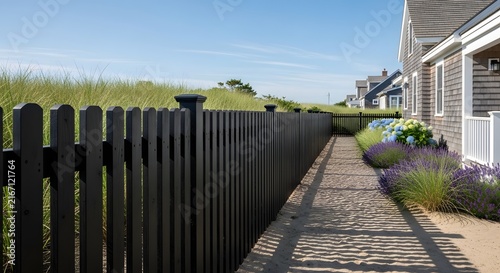 A scenic coastal pathway with a black wooden fence leading towards residential houses near the beach.