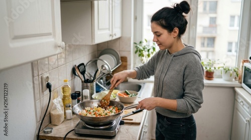 Woman preparing stir-fry in a modern kitchen setting