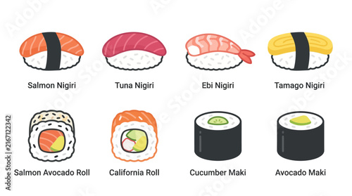 Japanese sushi vector icon set, 8 labeled nigiri and maki rolls, flat cartoon salmon and tuna sushi illustrations for restaurant menus