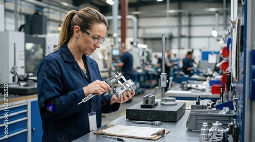 Female Engineer Inspecting Part in Manufacturing Facility