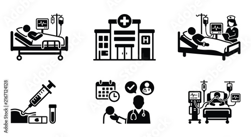 Collection of black vector icons depicting various medical healthcare concepts